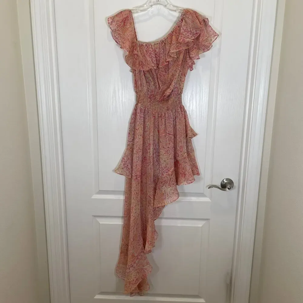 Misa Los Angeles Revolve Gisele Dress Asymmetric‎ Floral Ruffles Pink Fairy XS